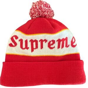 Supreme Alpine Beanie Cardinal Red Pom Pom Jacquard Logo EUC